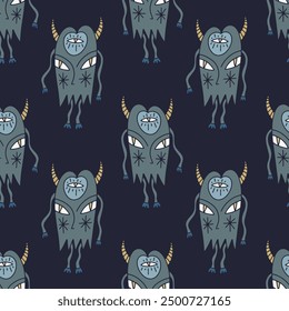 Boho mystical kind friendly monsters characters vector flat art clipart seamless pattern