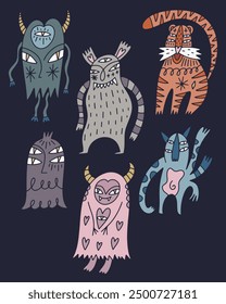 Boho mystical kind friendly monsters characters vector flat art set bundle coloring of whimsical minimalist magic horror items in cartoon Scandinavian style. Halloween animal fantasy monster