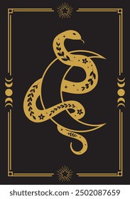 Boho mystical poster with snake and crescent moon with floral elements in trendy bohemian occult style. Black and gold colors. Can be used in poster art, tattoo art, t-shirt prints.