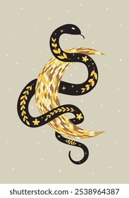 Boho mystical poster with snake and golden crescent moon with floral elements in trendy bohemian occult style. Black and gold colors. Can be used in poster art, sublimation, t-shirt prints.