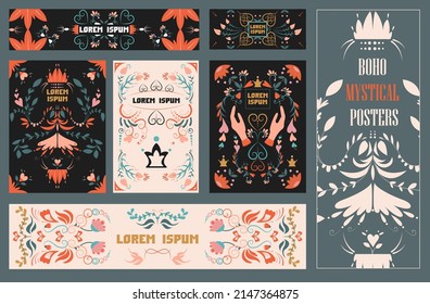 Boho mystical posters with quotes. Cosmic and floral elements in a fashionable bohemian heavenly style. Magical occult card astrology, drawing spiritual poster isolated background. Vector illustration