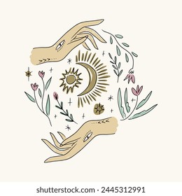 Boho mystical Reiki fine art hand drawn style logo or icon of magic hands. Floral celestial moon herbal set. Perfect for fashion, skin care, wellness, spa, yoga concept illustrations vector