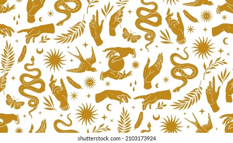 Boho mystical seamless pattern with hands, snakes, moon, sun, magic ball, bird, feather, moth and floral elements in trendy bohemian celestial style. Vector background with white and gold colors.