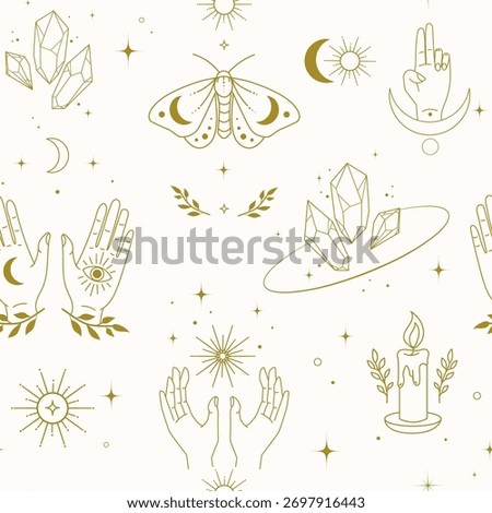 Boho mystical seamless pattern with spiritual hands, crystals,esoteric symbols in minimal gold line art, for fabric prints, spiritual branding, packaging, wallpapers, merchandise. Vector illustration