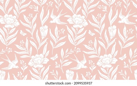 Boho mystical seamless pattern. Vector background with flowers, moth birds and floral elements in trendy bohemian celestial style. Pastel pink and white colors.