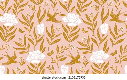 Boho mystical seamless pattern. Vector background with flowers, moth birds and floral elements in trendy bohemian celestial style. Pink and gold colors.