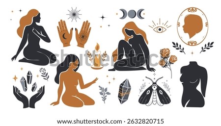 Boho mystical set with female silhouettes, magical hands, crystals, moons, candles, roses, and esoteric symbols Vector. Feminine Spiritual designs elements, posters, branding, fashion print, stickers