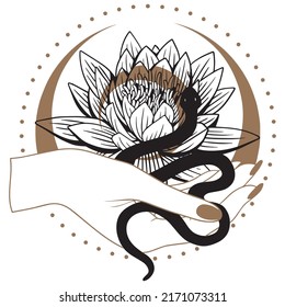 Boho mystical snakes with moon,  magic and floral elements in trendy occult style. esoteric serpent with mystical magic objects for tattoo, t-shirt, prints. Celestial Spiritual occultism
