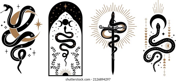 Boho mystical snakes with moon, sun, stars magic and floral elements in trendy occult style. esoteric serpent with mystical magic objects for tattoo, t-shirt, prints. Celestial Spiritual occultism