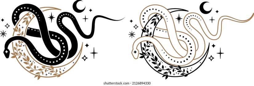 Boho mystical snakes with moon, sun, stars magic and floral elements in trendy occult style. esoteric serpent with mystical magic objects for tattoo, t-shirt, prints. Celestial Spiritual occultism