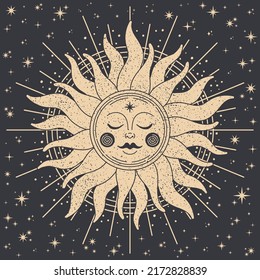 Ilustración solar mística Boho con fondo gris oscuro