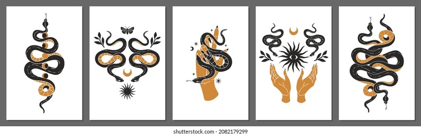 Boho mystical vector posters with hands, snakes, moon, sun, magic and floral elements in trendy bohemian occult style. Black and gold colors. Can be used in tattoo art, cover design, t-shirt prints.