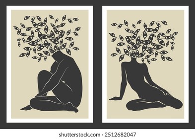  Boho mystical vector posters. Women with branches and leaves-eyes instead of head. Elements in trendy bohemian gypsy style. Vintage vibes.