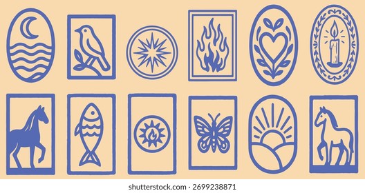 Vetor místico Boho definido com lua, sol, coração, pássaro, borboleta, peixe, cavalo, chama e vela mínima linha arte ilustrações