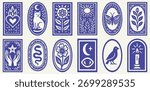 Boho mystical vector set with sacred heart, cat, moon, flower, butterfly, bird, and candle minimal line art illustrations