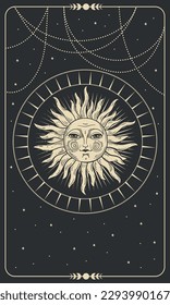 Boho místico sol vintage con cara sobre fondo del universo negro, tarjetas tarot, ilustración boho, tarjeta mágica. Dibujo de la mano del vector.