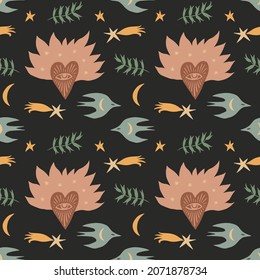 Boho naive handdrawn style art bird and sacred heart night stars love peace and freedom seamless pattern