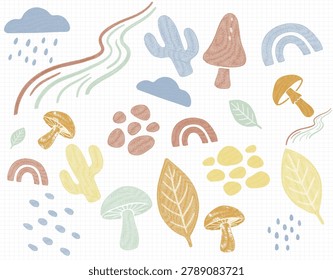 Boho Nature Doodle Clipart Set with Mushrooms, Cactus, and Leaves on Grid Background