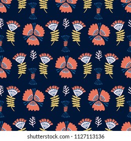 Boho Navy Blue Red Floral, Seamless Vector Pattern, Hand Drawn Folk Style Flower Illustration for Trendy Fashion Prints, Wallpaper, Stationery, Elegant Home Decor, Gift Wrap & Pretty Fall Backgrounds