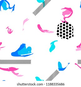 Boho neon seamless pattern with ink brush ornaments. Geometric texture. Abstract background. Creative card, poster, paper
