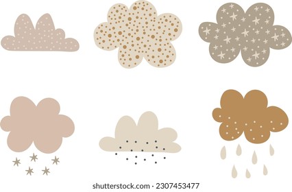 Boho neutral clouds, vector illustration for design, print, pattern, isolated on white background