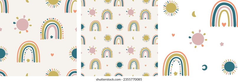 Ilustración del vector de patrón sin foco del arcoiris de Boho Neutral Nursery Rainbow Sun Cute