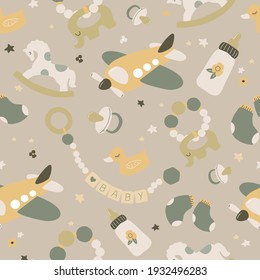 Boho newborn baby seamless pattern with baby care items. Vector repeating texture. Cute t-shirt and textile design for kids clothing.