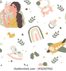 Boho newborn baby seamless pattern with baby care items. Vector repeating texture. Cute t-shirt and textile design for kids clothing.