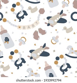 Boho newborn baby seamless pattern with baby care items. Teether, Rattle, and Pacifier Clip, bottle, wooden toys. Vector repeating texture. Cute t-shirt and textile design for kids clothing.