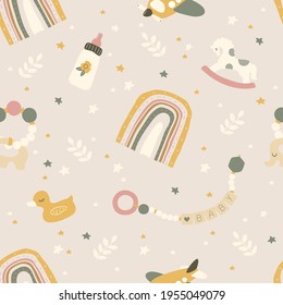 Boho newborn baby seamless pattern. Icons of baby items.