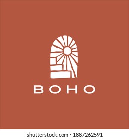 boho niche door stair sun logo vector icon illustration
