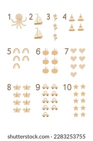 Boho Number Signs with octopus, cars, flowers, rainbow, stars. Vector educational Numbers poster for kids.