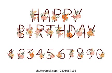 Boho numbers collection with floral elements. Hand drawn illustration in pastel colour. Doodle and cartoon style. Perfect for happy birthday design in childish style. Happy birthday text. 
