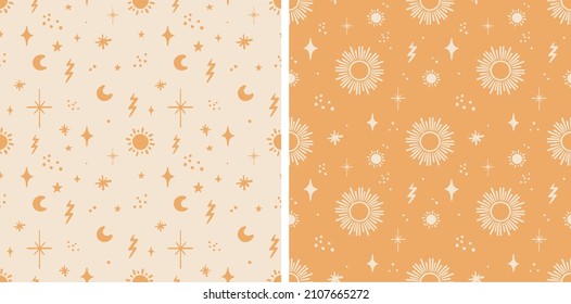 Boho Nursery Pattern Warm Earthy Yellow Sun and stars Motif, Gender Neutral Sky Trendy Design Vector Illustration set