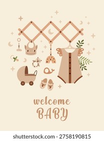 Boho Nursery Poster - Welcome Baby. Newborn Baby Print for Wall Decor, Kids Bedroom Poster, Baby Shower Invitation, Card Template.