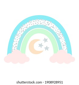 Boho Nursery Rainbow in trendy Scandinavian style, isolated on a white background. Cute hygge illustration for poster, textile, greeting card, kids playroom wall decor. Hand drawn prints and doodle.