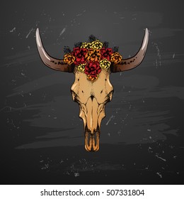 boho old cow skull with flowers 