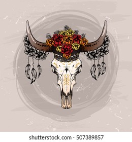 boho old cow skull with flowers 