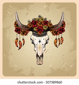 boho old cow skull with flowers  