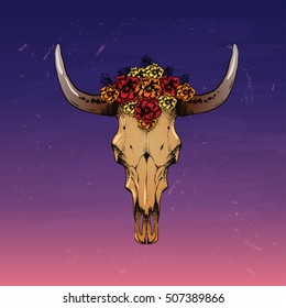 boho old cow skull with flowers  