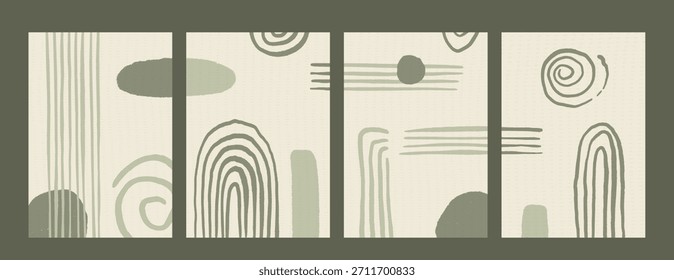 Artes de pared de olivo boho. Conjunto de carteles de línea y arco. Abstractas paredes interiores japonesas. Geometría de Vector y Formas orgánicas de fondo zen estética. Pincel de tinta dibujado a mano líneas y figuras de círculo en beige bg