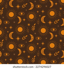 Boho Orange Floral Moon and sun seamless pattern with abstract eyes, stars on dark brown background. For textile, fabric and wrapping paper.