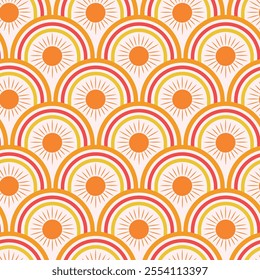 Boho orange sun on red and yellow rainbows seamless pattern. For wallpaper, Home décor and fabric 