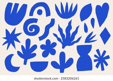 Boho Organic Blue Shape Silhouette Set. Hand Drawn minimal Abstract Figure. Contemporary Vector Clipart