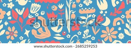 Boho organic cut paper seamless pattern with birds, flowers and botanical shapes - pastel floral elements on blue background. Folk art collage style for textile designs or decorative wallpaper prints.