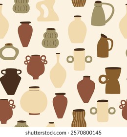 Boho Organic Pottery Ceramic Seamless Pattern. Various Handmade Decorative Vases Walppaper. Vector Graphic Repeat Contemporary Background. Simple Surface Design for Print Art