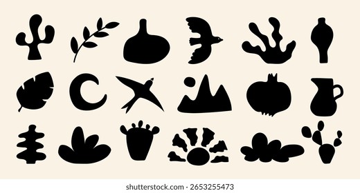Boho organic shape collection in black silhouette. Handcrafted abstract forms for posters, decor, and contemporary visual identity.