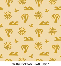 Boho Organic Summer Pattern. Abstract Beach Hand Drawn Background. Boho Sun And Palm Print. Vector Illustration Cutout Naive Style. Ocean Coral Sun Seamless Pattern for Textile. Modern Groovy Bg.