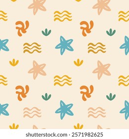 Boho Organic Summer Pattern. Abstract Beach Hand Drawn Background. Boho Sun And Palm Print. Vector Illustration Cutout Naive Style. Ocean Coral Sun Seamless Pattern for Textile. Modern Groovy Bg.