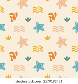 Boho Organic Summer Pattern. Abstract Beach Hand Drawn Background. Boho Sun And Palm Print. Vector Illustration Cutout Naive Style. Ocean Coral Sun Seamless Pattern for Textile. Modern Groovy Bg.